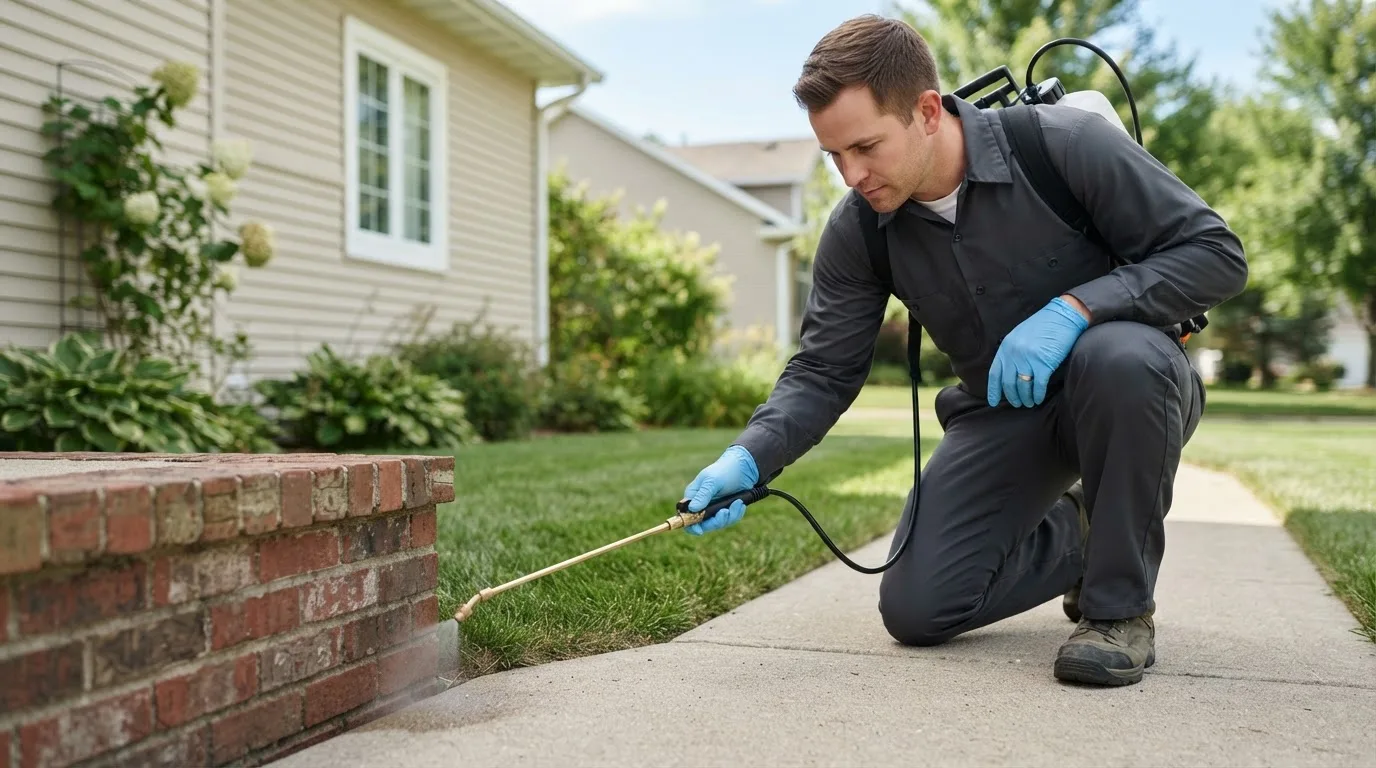 Pest control technician treating a home near Parker, KS